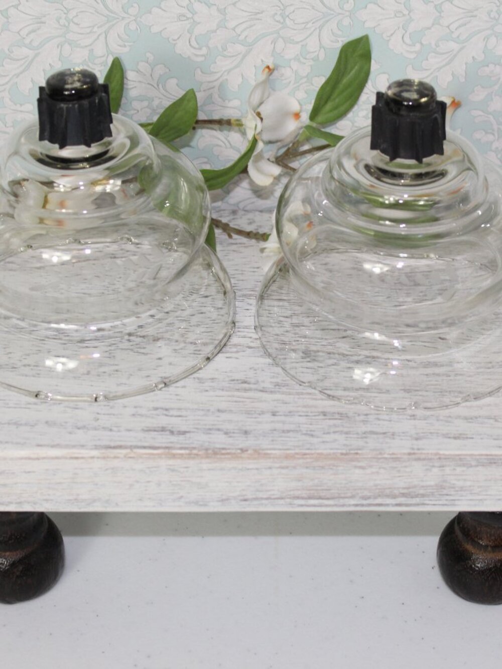 HOMCO HOME INTERIORS Pair of Clear Glass Squatty Crimped Peg Candleholders